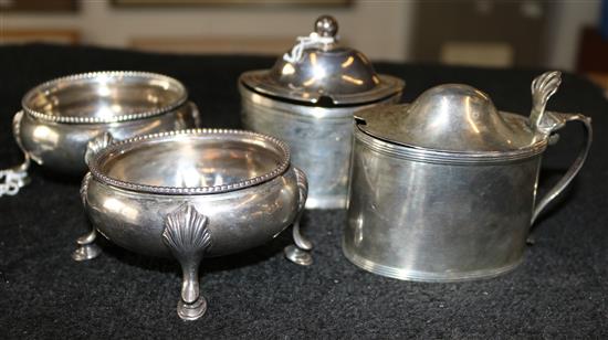 Georgian silver oval mustard, later mustard and pair salts.(-)